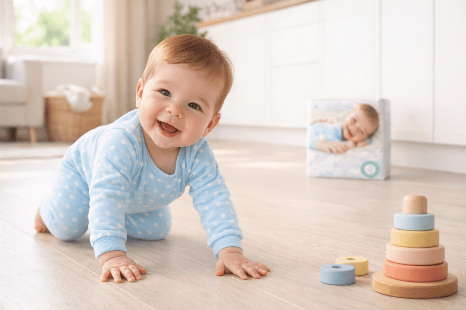 Baby crawling and playing