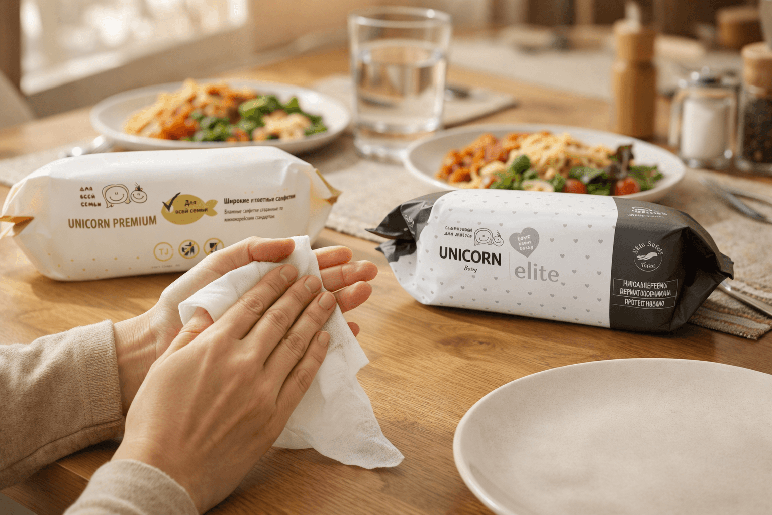 Человек очищает руки влажными салфетками перед едой