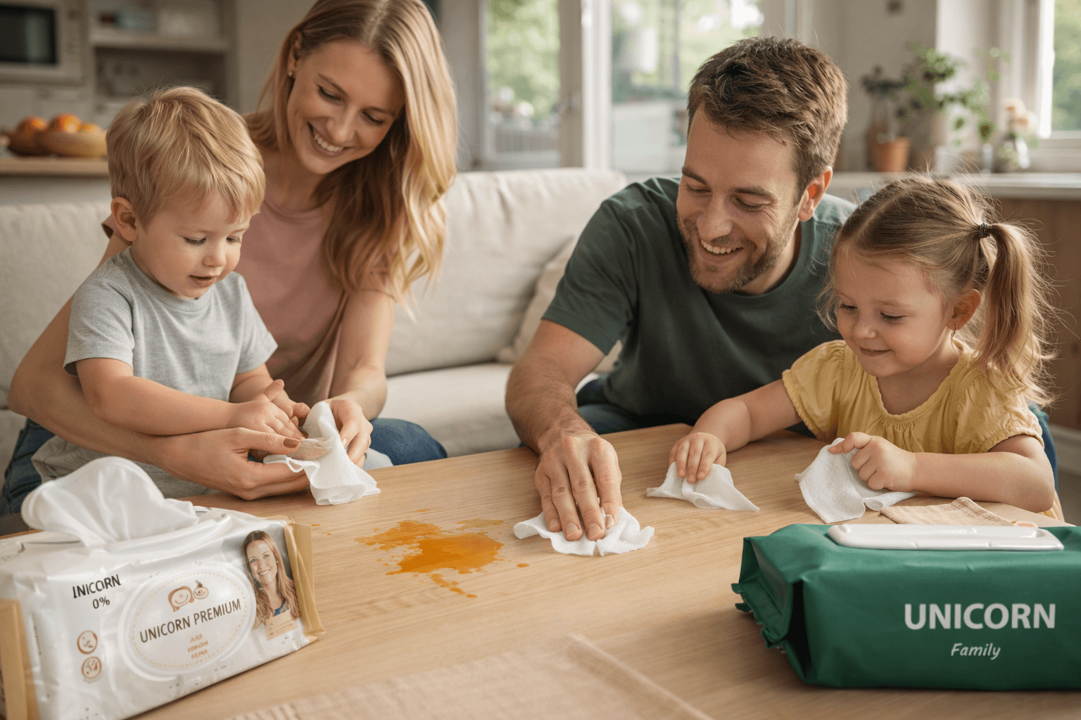 Счастливая семья использует салфетки в различных повседневных ситуациях