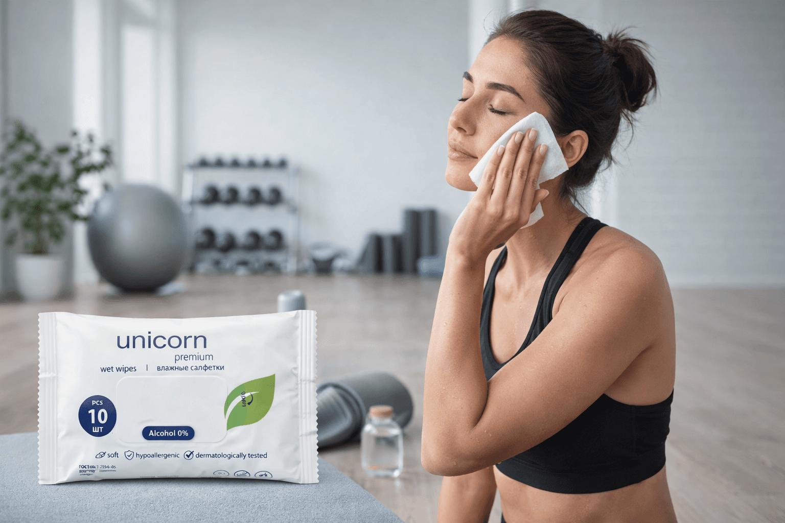 Человек освежает лицо влажными салфетками после тренировки