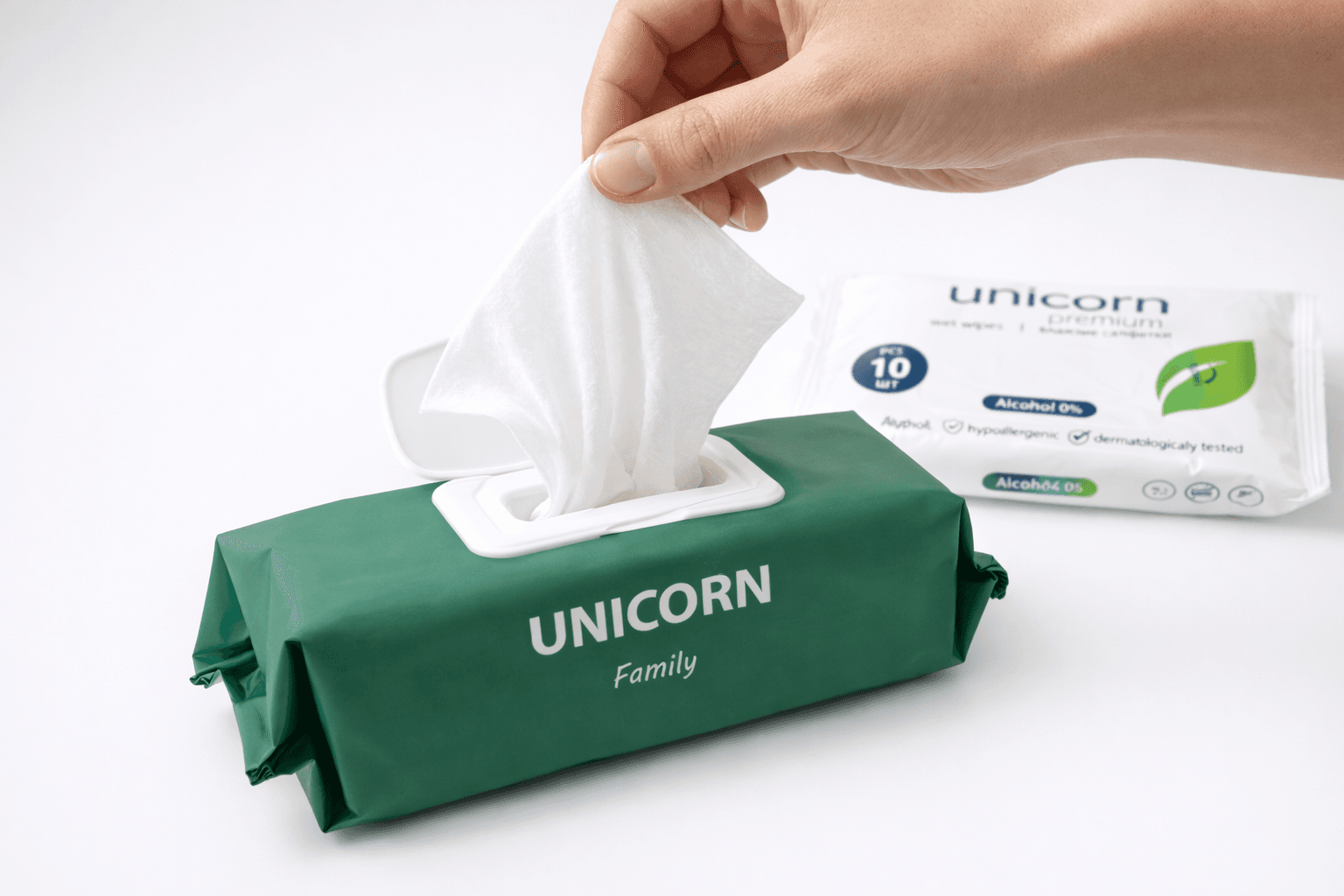 Hand pulling UNICORN wet wipe from package showing proper usage and gentle application