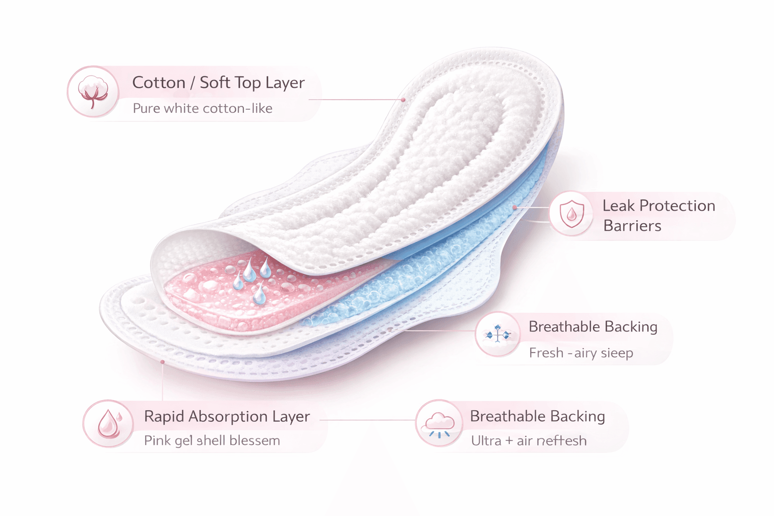 Women's hygiene pad cross-section showing cotton cover, rapid absorption layers, and leak protection barriers